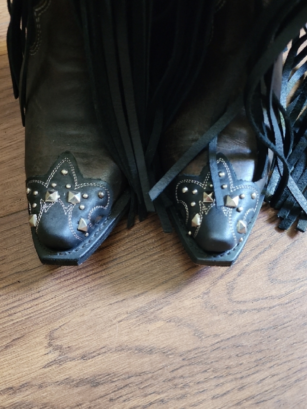 Fringe Studded Western Ankle Boots - Black/Brown with Silver Accents - Picture 11 of 13